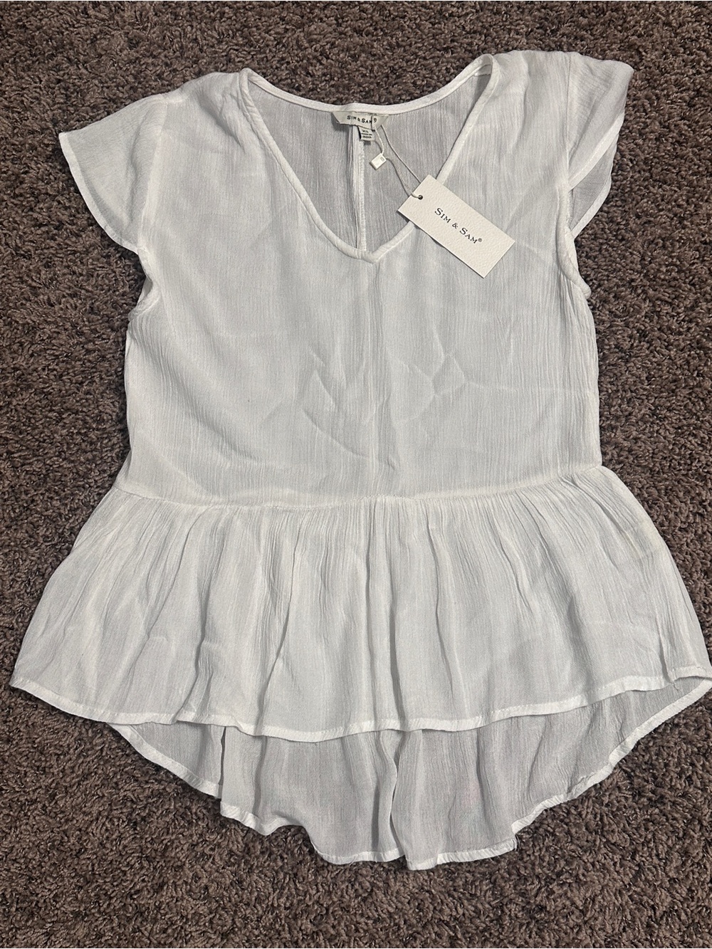 New Sim & Sam White Crinkle Gauze Ruffle Peplum Shirt Blouse-